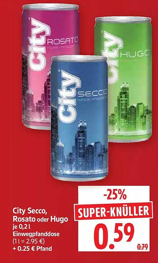 City Secco, Rosato oder Hugo je 0,2 l Einwegpfanddose