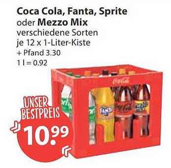 Coca Cola, Fanta, Sprite oder Mezzo Mix verschiedene Sorten je 12 x 1-Liter-Kiste + Pfand 3.30 1 l = 0.92