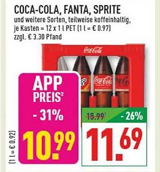 COCA-COLA, FANTA, SPRITE und weitere Sorten, teilweise koffeinhaltig, je Kasten = 12 x 1 l PET