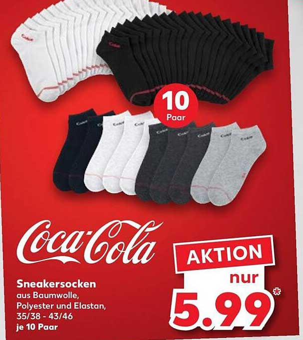 Coca-Cola Sneakersocken aus Baumwolle, Polyester und Elastan, 35/38 - 43/46 je 10 Paar
