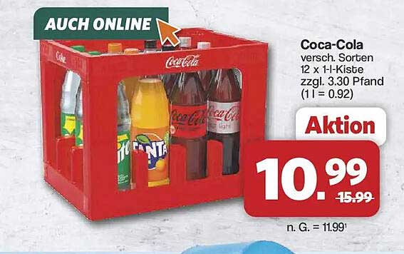Coca-Cola versch. Sorten 12 x 1-l-Kiste zzgl. 3.30 Pfand (1 l = 0.92)