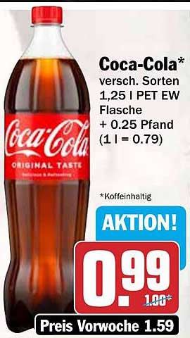 Coca-Cola* versch. Sorten 1,25 l PET EW Flasche + 0,25 Pfand (1 l = 0.79)