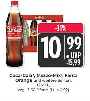 Coca-Cola¹, Mezzo-Mix¹, Fanta Orange¹ und weitere Sorten, 12 x 1 L, zzgl. 3,30 Pfand (1 L = 0,92)