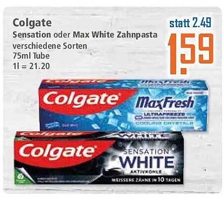 Colgate Sensation oder Max White Zahnpasta verschiedene Sorten 75ml Tube 1l = 21.20