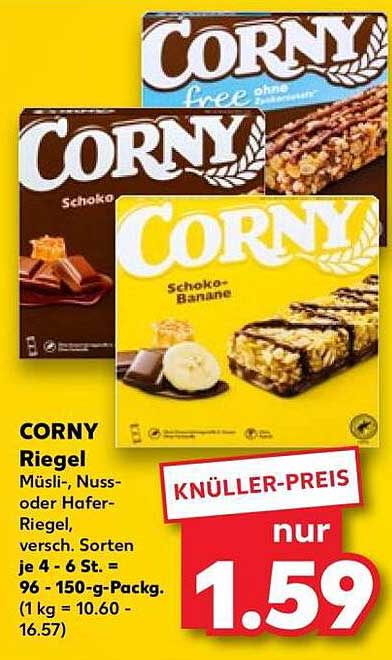 CORNY Riegel Müsli-, Nuss- oder Hafer-Riegel, versch. Sorten je 4 - 6 St. = 96 - 150-g-Packg. (1 kg = 10.60 - 16.57)