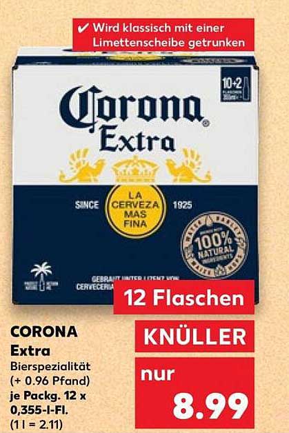 CORONA Extra Bierspezialität (+ 0.96 Pfand) je Packg. 12 x 0,355-l-Fl.