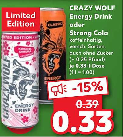 CRAZY WOLF Energy Drink oder Strong Cola koffeinhaltig, versch. Sorten, auch ohne Zucker (+ 0.25 Pfand) je 0,33-l-Dose (1 l = 1.00)