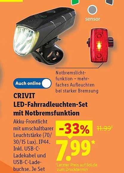 CRIVIT LED-Fahrradleuchten-Set mit Notbremsfunktion