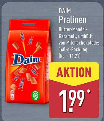 DAIM Pralinen Butter-Mandel-Karamell, umhüllt von Milchschokolade; 140-g-Packung (kg = 14,21)