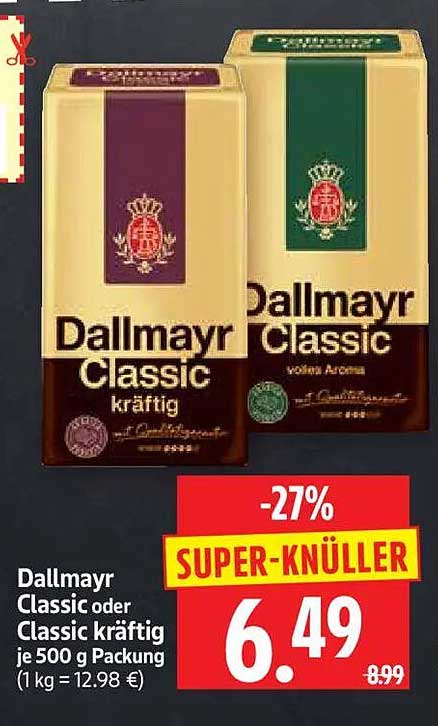 Dallmayr Classic oder Classic kräftig je 500 g Packung (1 kg = 12,98 €)