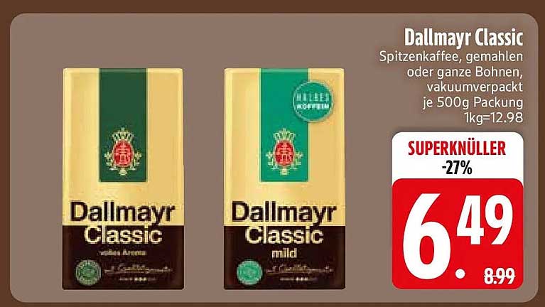 Dallmayr Classic Spitzenkaffee, gemahlen oder ganze Bohnen, vakuumverpackt, je 500g Packung