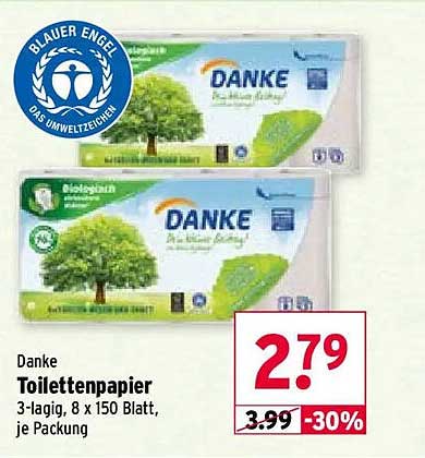 Danke Toilettenpapier 3-lagig, 8 x 150 Blatt, je Packung