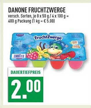 DANONE FRUCHTZWERGE versch. Sorten, je 8 x 50 g / 4 x 100 g = 400 g Packung (1 kg = € 5.00)