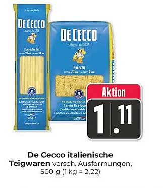 De Cecco italienische Teigwaren versch. Ausformungen, 500 g (1 kg = 2,22)