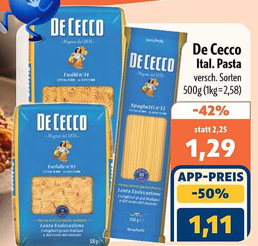 De Cecco Ital.Pasta versch. Sorten 500g (1kg=2,58)