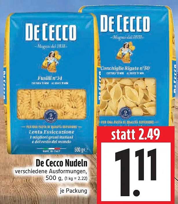 De Cecco Nudeln verschiedene Ausformungen, 500 g, (1 kg = 2.22) je Packung