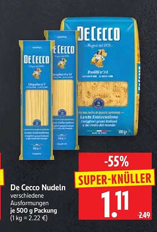 De Cecco Nudeln verschiedene Ausformungen je 500 g Packung (1 kg = 2.22 €)