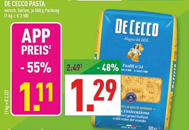 DE CECCO PASTA versch. Sorten, je 500 g Packung (1 kg = € 2,58)