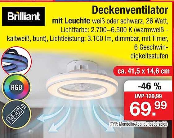 Deckenventilator mit Leuchte weiß oder schwarz, 26 Watt, Lichtfarbe: 2.700-6.500 K (warmweiß - kaltweiß, bunt), Lichtleistung: 3.100 lm, dimmbar, mit Timer, 6 Geschwindigkeitsstufen