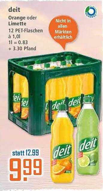 deit Orange oder Limette 12 PET-Flaschen à 1,0 l