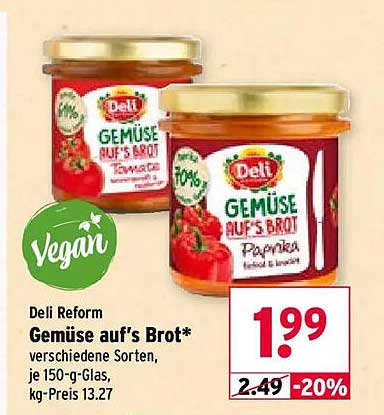 Deli Reform Gemüse auf's Brot* verschiedene Sorten, je 150-g-Glas, kg-Preis 13.27