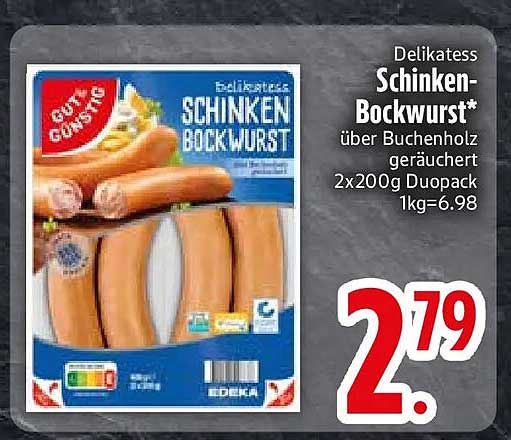 Delikatess Schinken-Bockwurst* über Buchenholz geräuchert 2x200g Duopack 1kg=6.98