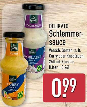 DELIKATO Schlemmer-sauce Versch. Sorten, z. B. Curry oder Knoblauch; 250-ml-Flasche (Liter = 3.96)