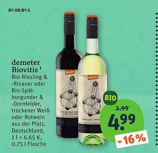 demeter Biovitis Bio-Riesling & -Rivaner oder Bio-Spätburgunder & -Dornfelder, trockener Weiß- oder Rotwein aus der Pfalz, Deutschland, 1 l = 6.65 €, 0,75 l Flasche