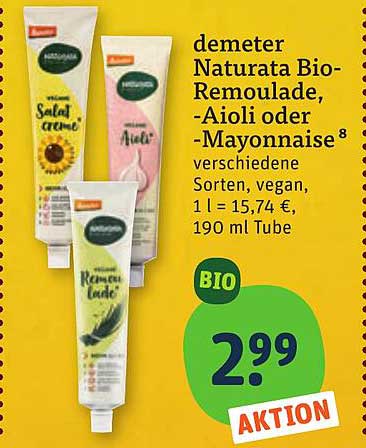demeter Naturata Bio-Remoulade, -Aioli oder -Mayonnaise⁸ verschiedene Sorten, vegan, 1 l = 15,74 €, 190 ml Tube