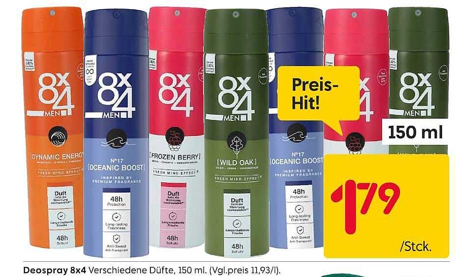 Deospray 8x4 Verschiedene Düfte, 150 ml. (Vgl.preis 11,93/l).
