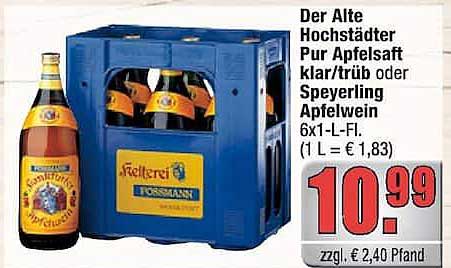 Der Alte Hochstädter Pur Apfelsaft klar/trüb oder Speyerling Apfelwein 6x1-L-Fl. (1 L = € 1,83)