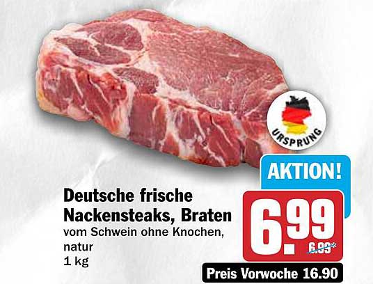 Deutsche frische Nackensteaks, Braten vom Schwein ohne Knochen, natur 1 kg