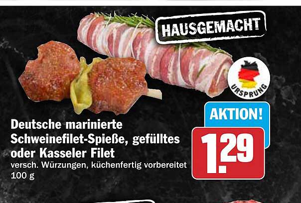 Deutsche marinierte Schweinefilet-Spieße, gefülltes oder Kasseler Filet