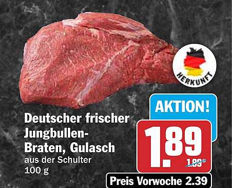 Deutscher frischer Jungbullen-Braten, Gulasch aus der Schulter 100 g