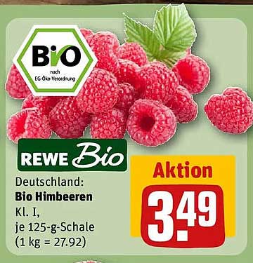 Deutschland: Bio Himbeeren Kl. I, je 125-g-Schale (1 kg = 27.92)