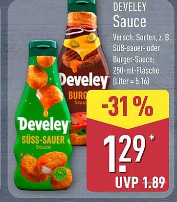 Develey Sauce Versch. Sorten, z. B. Süß-sauer- oder Burger-Sauce; 250-ml-Flasche (Liter = 5,16)