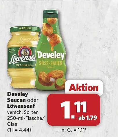 Develey Saucen oder Löwensenf versch. Sorten 250-ml-Flasche/Glas (1l = 4.44)
