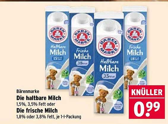 Die haltbare Milch 1,5%, 3,5% Fett oder Die frische Milch 1,8% oder 3,8% Fett, je 1-l-Packung