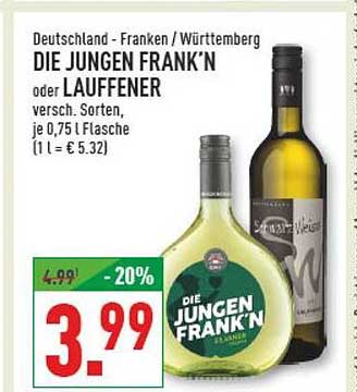 DIE JUNGEN FRANK'N oder LAUFFENER versch. Sorten, je 0,75 l Flasche (1 l = € 5.32)