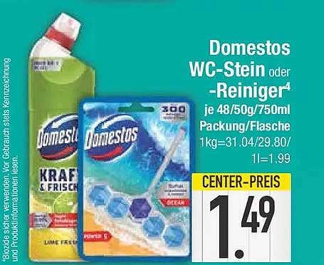 Domestos WC-Stein oder -Reiniger⁴ je 48/50g/750ml Packung/Flasche 1kg=31.04/29.80/1l=1.99