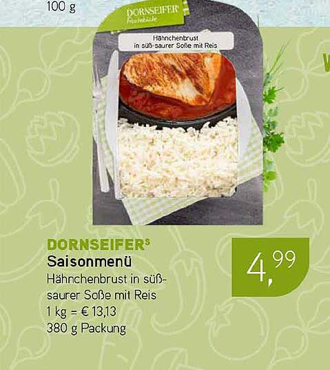 DORNSEIFER Saisonmenü Hähnchenbrust in süß-saurer Soße mit Reis 1 kg = € 13,13 380 g Packung