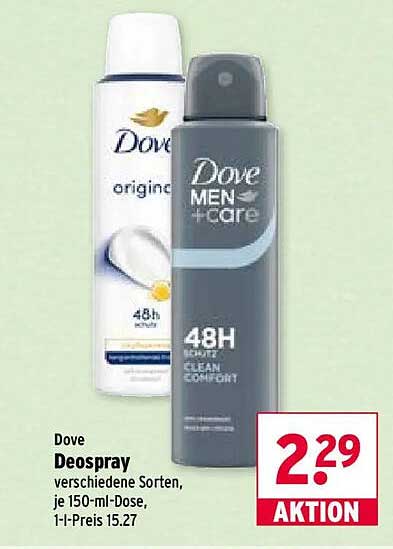Dove Deospray verschiedene Sorten, je 150-ml-Dose, 1-l-Preis 15.27