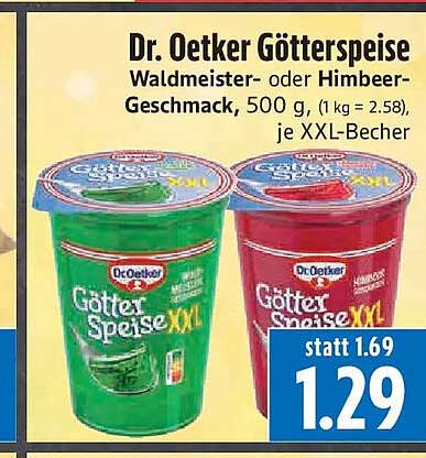 Dr. Oetker Götterspeise Waldmeister- oder Himbeer-Geschmack, 500 g, (1 kg = 2.58), je XXL-Becher