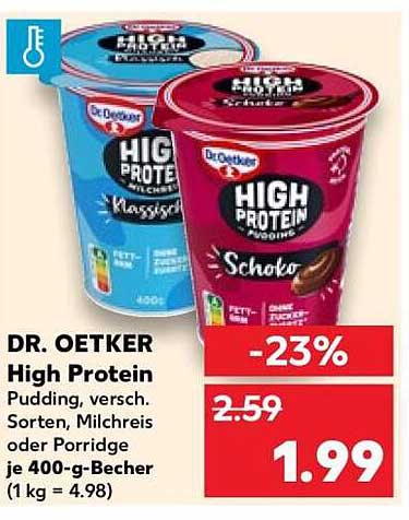 DR. OETKER High Protein Pudding, versch. Sorten, Milchreis oder Porridge je 400-g-Becher (1 kg = 4.98)