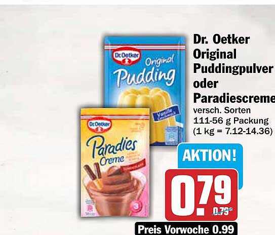 Dr. Oetker Original Puddingpulver oder Paradiescreme versch. Sorten 111-56 g Packung (1 kg = 7.12-14.36)