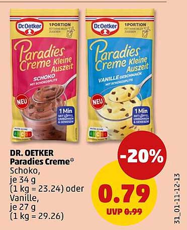 DR. OETKER Paradies Creme* Schoko, je 34 g (1 kg = 23.24) oder Vanille, je 27 g (1 kg = 29.26)