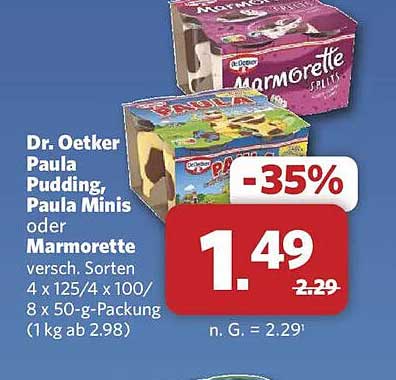Dr. Oetker Paula Pudding, Paula Minis oder Marmorette versch. Sorten 4 x 125/4 x 100/8 x 50-g-Packung (1 kg ab 2.98)