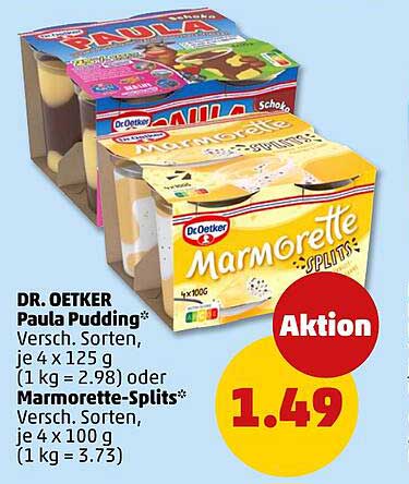 DR. OETKER Paula Pudding* Versch. Sorten, je 4 x 125 g (1 kg = 2.98) oder Marmorette-Splits* Versch. Sorten, je 4 x 100 g (1 kg = 3.73)