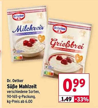 Dr. Oetker Süße Mahlzeit verschiedene Sorten, 90-165-g-Packung, kg-Preis ab 6.00