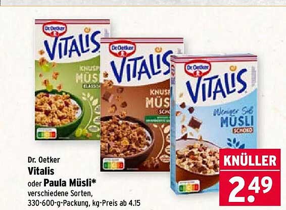 Dr. Oetker Vitalis oder Paula Müsli* verschiedene Sorten, 330-600-g-Packung, kg-Preis ab 4.15